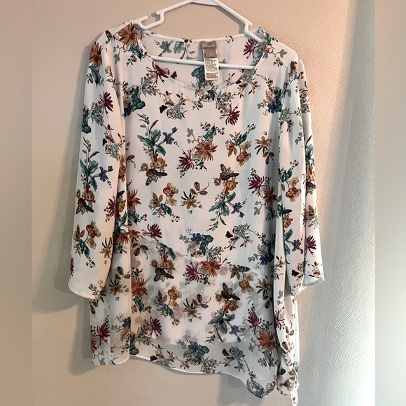 Chicos blouse womens sz 3 (16-18) white floral butterflies tie front boho fairy - Picture 1 of 10